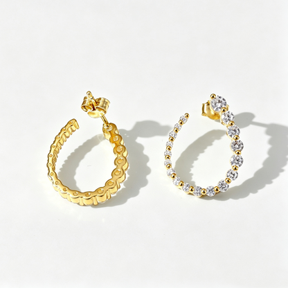 Women's U‑Shape Hoop Earrings, Paved Arranged Round Zirconia, S925 with 18K Gold Plating