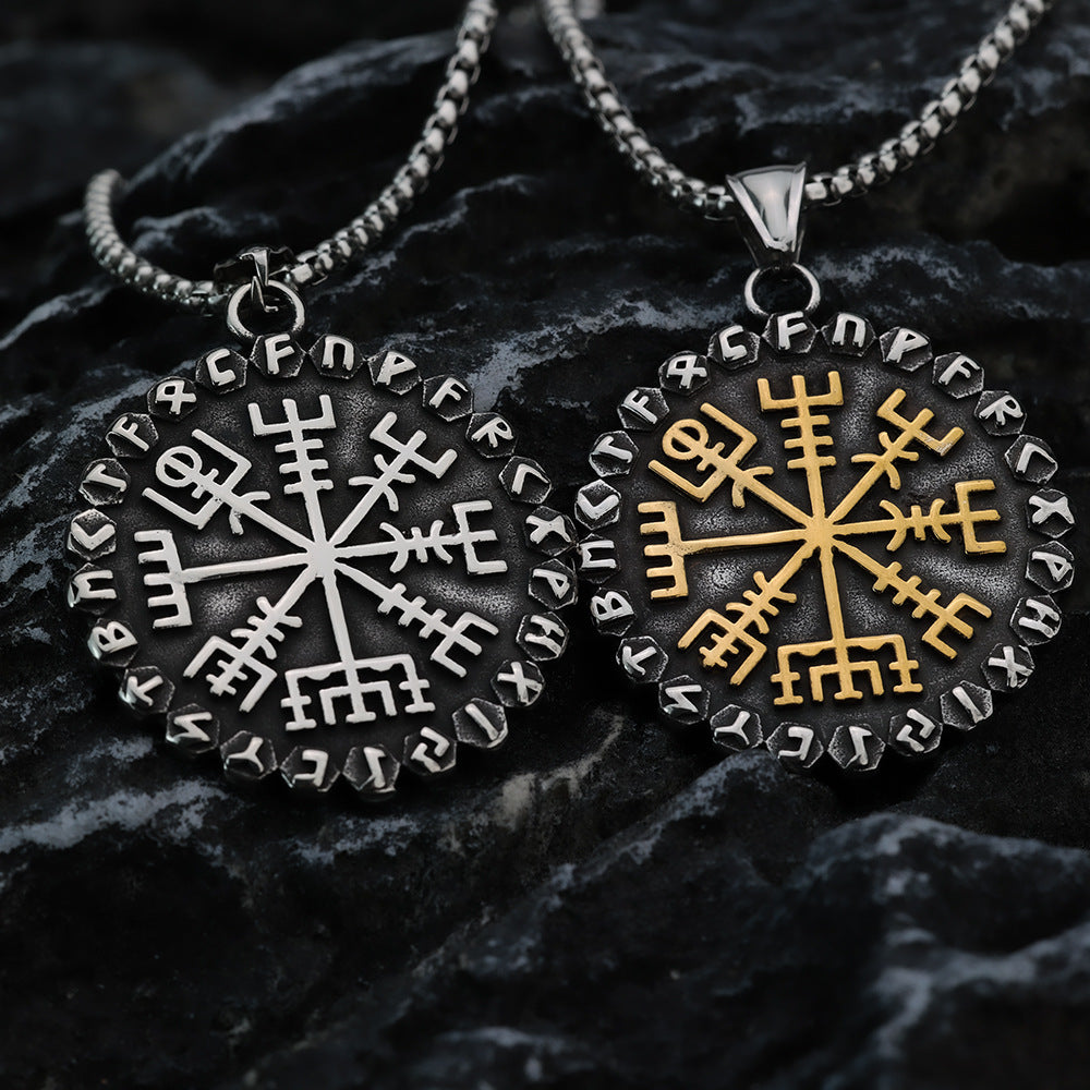 Vintage Nordic Stainless Steel Viking Compass Rune Pendant Necklace for Men