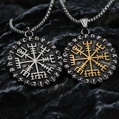 Vintage Nordic Stainless Steel Viking Compass Rune Pendant Necklace for Men