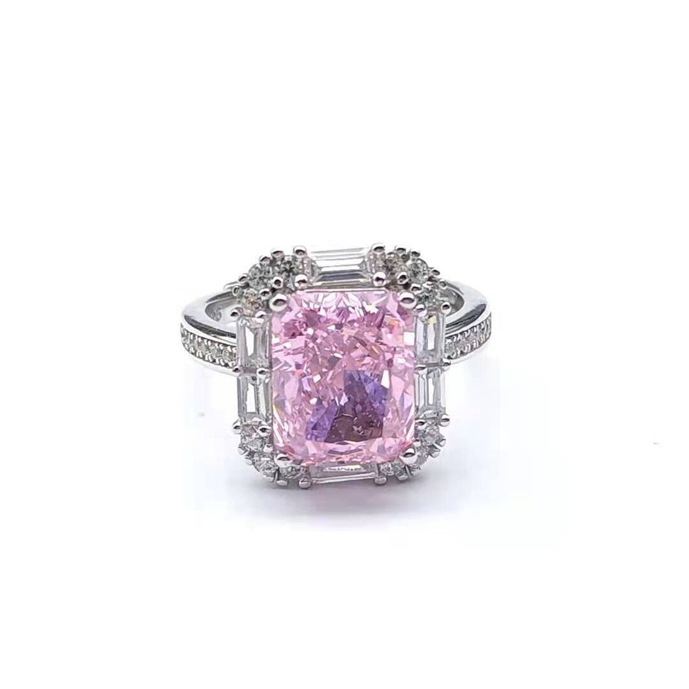 Women's White Gold Rectangle Pink Gem Adjustable Halo Ring