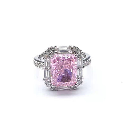 Women's White Gold Rectangle Pink Gem Adjustable Halo Ring