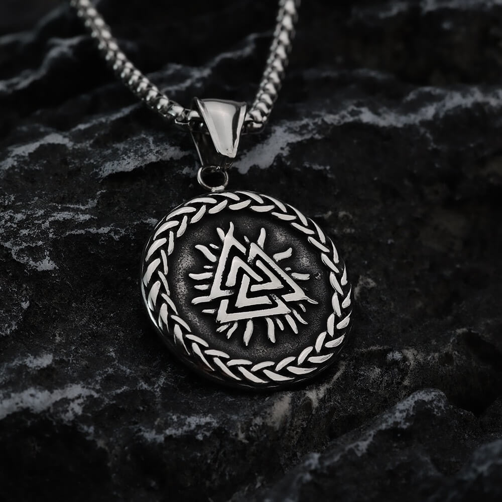 Vintage Nordic Stainless Steel Double Sided Viking Odin Huginn and Muninn Triangle Symbol Pendant Necklace for Men