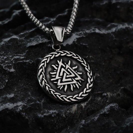 Vintage Nordic Stainless Steel Double Sided Viking Odin Huginn and Muninn Triangle Symbol Pendant Necklace for Men