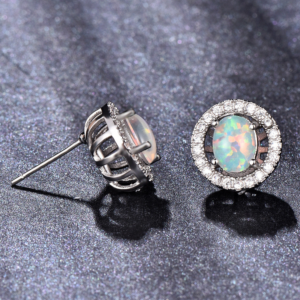 Women's Oval Halo Round Zirconia Stud Earrings, Inlaid with Blue Opal & White Opal, with White Gold Plating