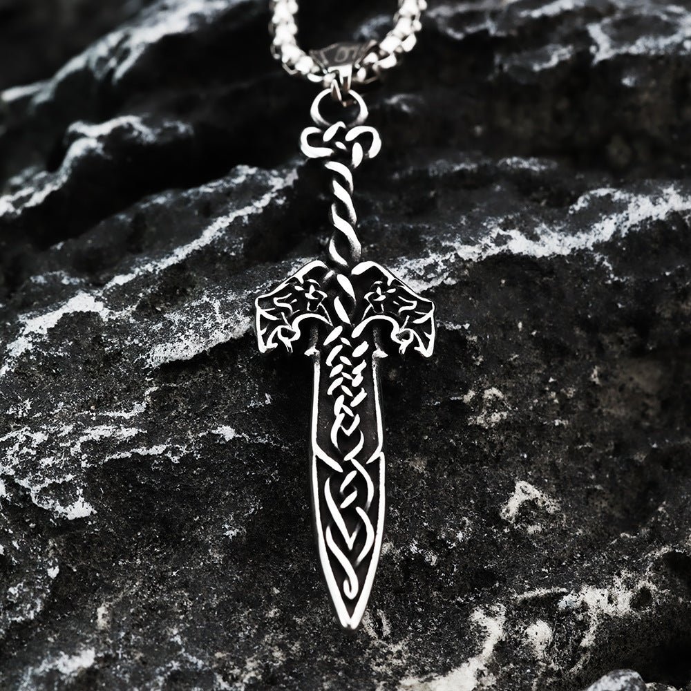 Vintage Antique Oxidized Stainless Steel Men's Viking Celtic Knot Sword Hollow Pendant Necklace