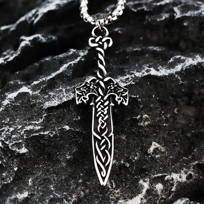 Vintage Antique Oxidized Stainless Steel Men's Viking Celtic Knot Sword Hollow Pendant Necklace