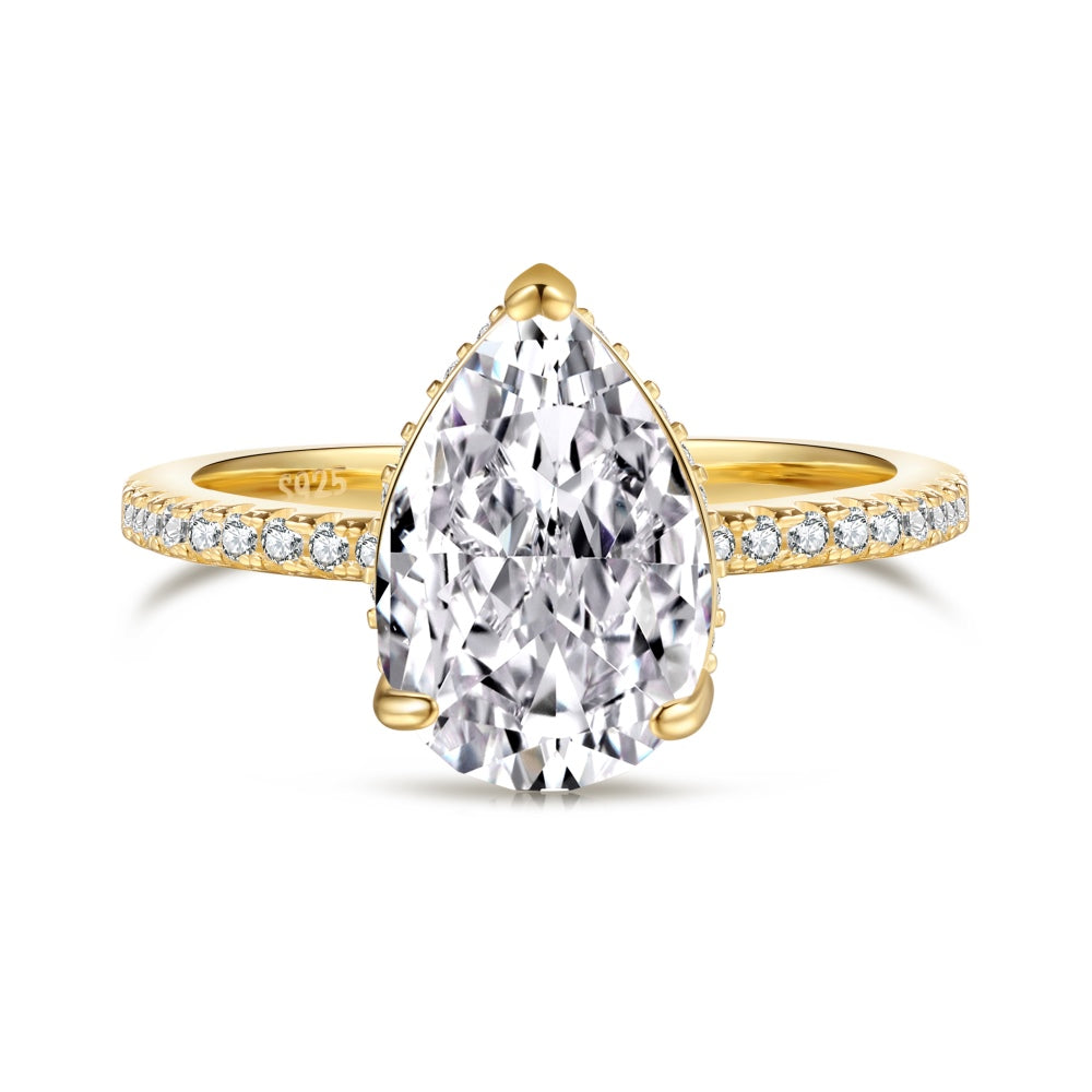 Women's Ice Flower Cut Pear Shape Center Zirconia Halo Round Zirconia Ring, S925 with Gold Plating
