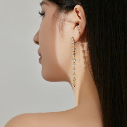Women's Long Tassel Drop Earrings, Graduated Pear‑Shape Zirconia, S925 with 18K Gold Plating