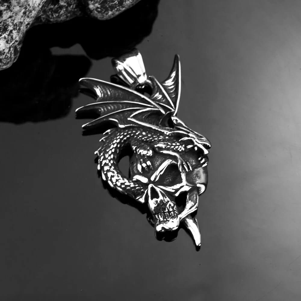 Vintage Stainless Steel Dragon & Skull Pendant Necklace for Men