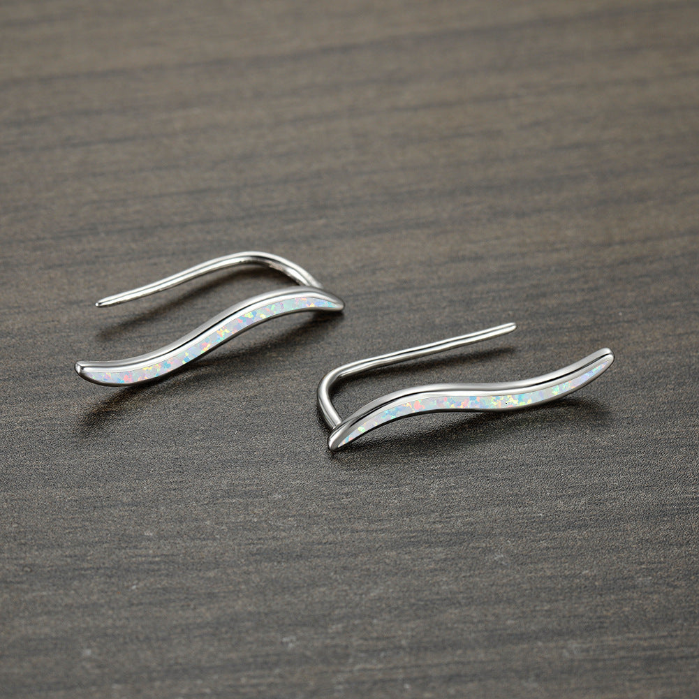 Women's Curved Arc Hook Earrings Inlaid Blue Opal ,Rose Gold Plating/White Gold Plating