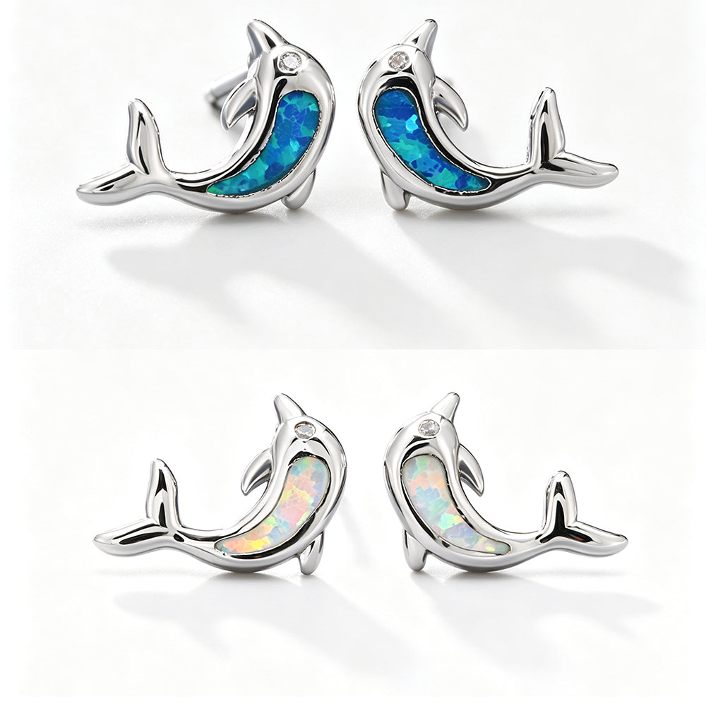 Women's Dolphin‑Shape Curved Blue / White Opal With Zirconia Accent Stud Earrings,