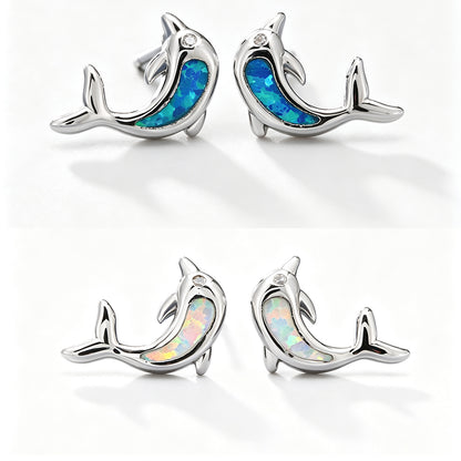 Women's Dolphin‑Shape Curved Blue / White Opal With Zirconia Accent Stud Earrings,