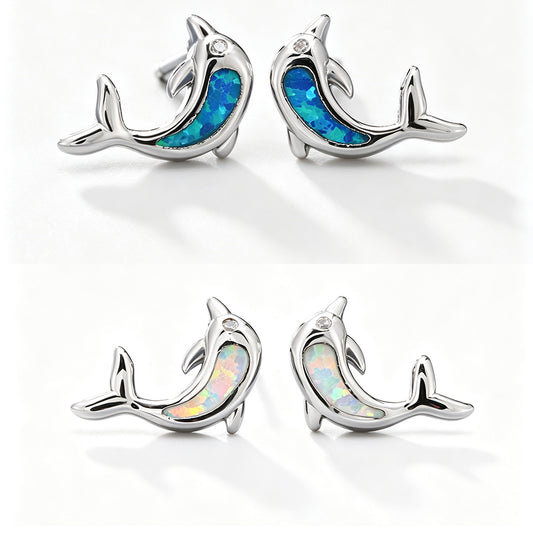Women's Dolphin‑Shape Curved Blue / White Opal With Zirconia Accent Stud Earrings,