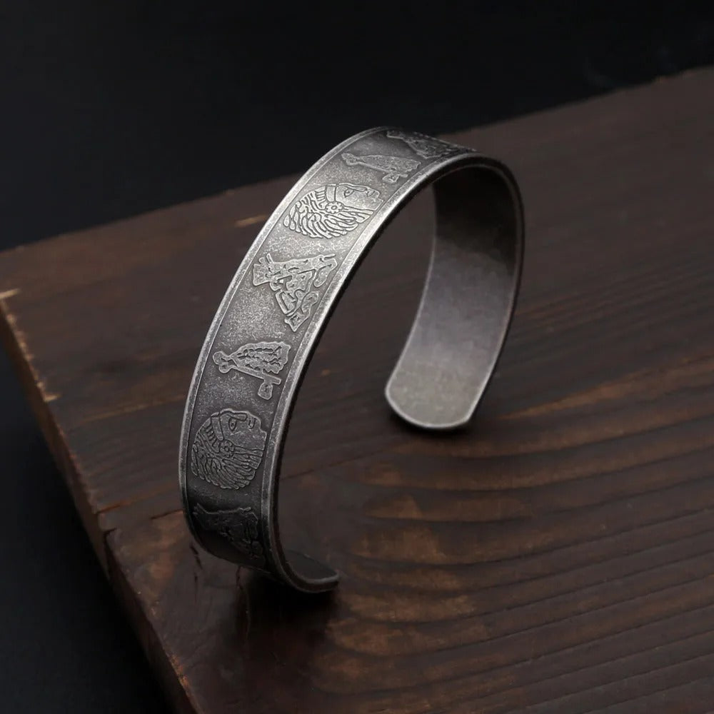 Ancient Egyptian Pharaoh Engraved Open C Bracelet for Men, Fashion Viking Style Stainless Steel Retro Cuff Bangle Jewelry