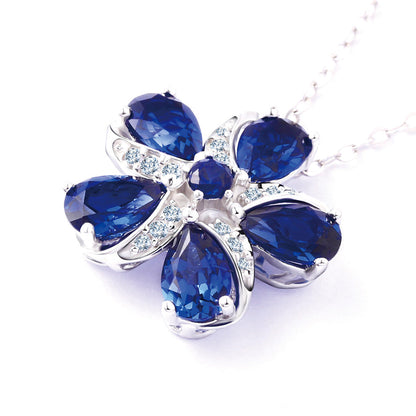 Women's Sterling Silver Five-leaf Clover Shape Pendant with Pear Brilliant Cut Sapphire