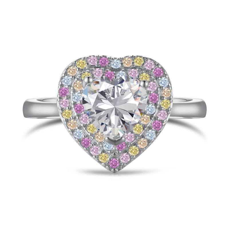 Women's S925 Silver White Gold Tone Ring, Heart Shape Color Cubic Zirconia & Round Colorful Cubic Zirconia Inlaid Fashion Ladies Rin