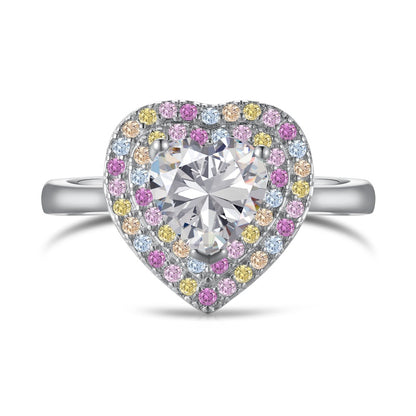 Women's S925 Silver White Gold Tone Ring, Heart Shape Color Cubic Zirconia & Round Colorful Cubic Zirconia Inlaid Fashion Ladies Rin