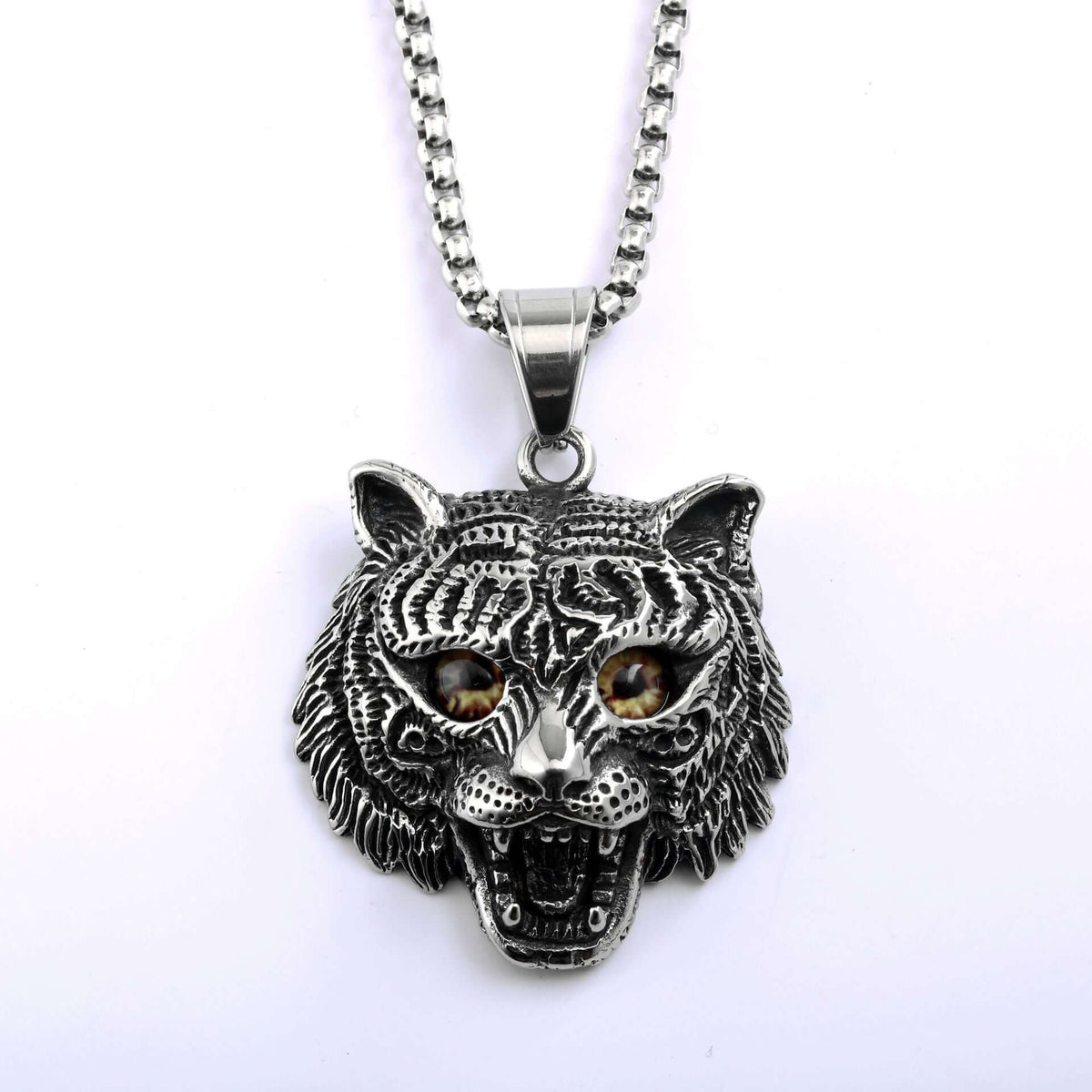 Vintage Stainless Steel Tiger Lion Leopard Pendant Necklace for Men