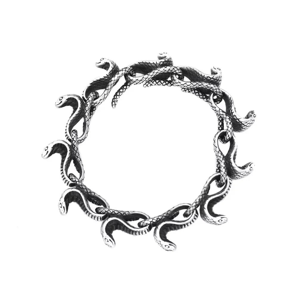 Men's Vintage 3D Snake Head Link Stainless Steel Open Cuff Bracelet, Antique Distressed Gothic Punk Hip‑Hop Fashion Jewelry Accessory