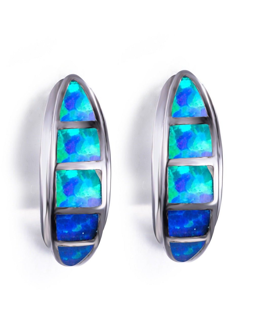 Women's Curved Grooved Stud Earrings, Blue Opal / White Opal
