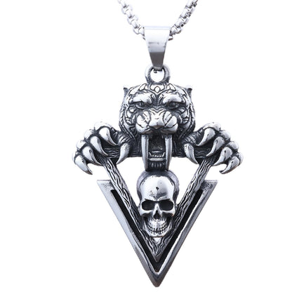 Men's Steel Sabertooth Tiger Skull Pendant Necklace