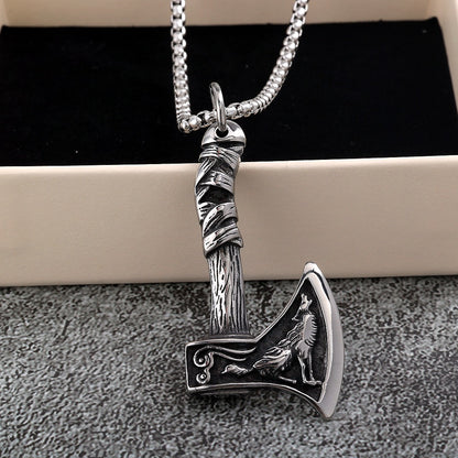 Men's Steel Viking Wolf Axe Pendant Necklace