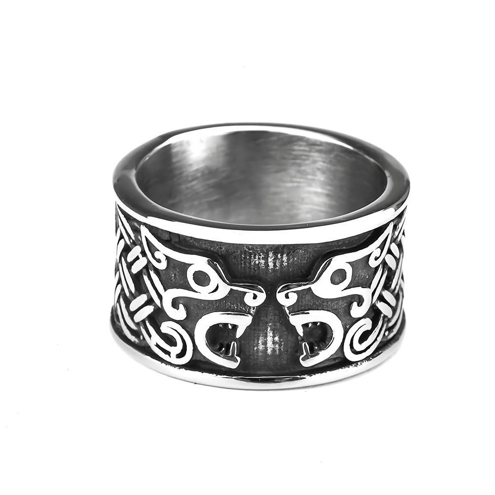 Vintage Nordic Stainless Steel Wide Band Viking Fenrir Wolf Head Ring for Men