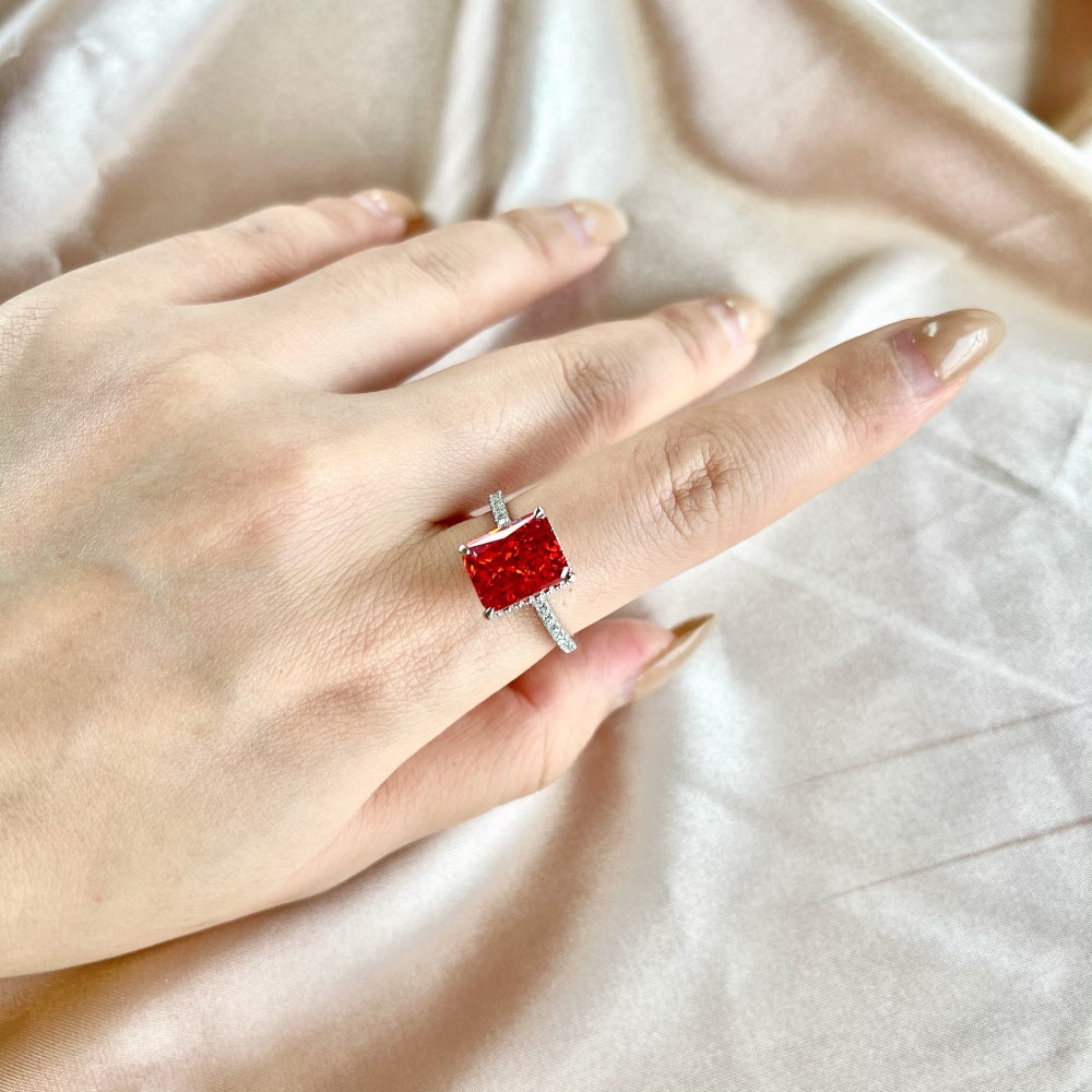 Women's Square Ice Flower Cut Red Zirconia Fashion Ring, S925 with White Gold Plating