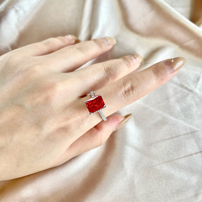 Women's Square Ice Flower Cut Red Zirconia Fashion Ring, S925 with White Gold Plating