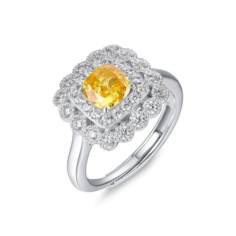 Women's White Gold Cushion Shape Layered Stones Yellow Gem Halo Adjustable Ring