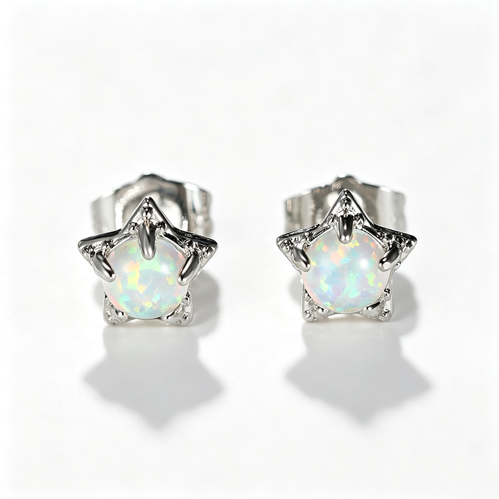 Women's Star‑Shape Prong Set Stud Earrings, Blue Opal / White Opal Inlay, White Gold Plating