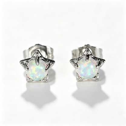 Women's Star‑Shape Prong Set Stud Earrings, Blue Opal / White Opal Inlay, White Gold Plating