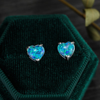 Women's Minimalist Elegant Prong‑Set Heart‑Shape Blue / White Opal Stud Earrings, with White Gold Plating