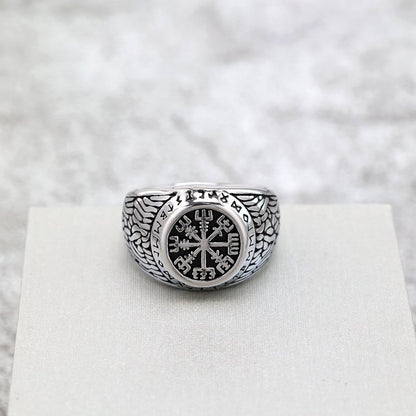 Vintage Solid Stainless Steel Viking Vegvisir Rune Band Ring for Men