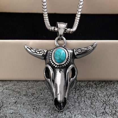 Vintage Stainless Steel green Head Pendant Necklace for Men with Inlaid Blue Stone