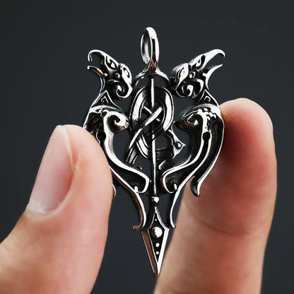 Vintage Antique Oxidized Stainless Steel Men's Norse Viking Twin Raven Celtic Knot Hollow Pendant Necklace
