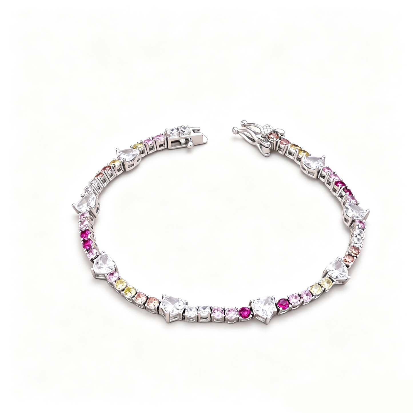 Women's High‑End Tennis Bracelet, Multicolor Mixed Heart & Round Zirconia Inlay With Lobster Clasp, S925 with White Gold Plating