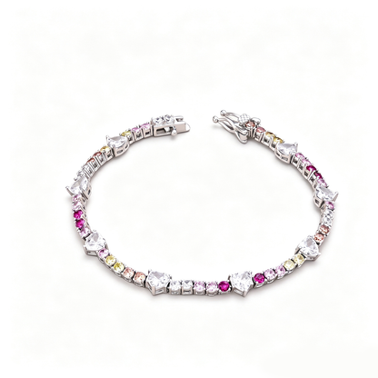 Women's High‑End Tennis Bracelet, Multicolor Mixed Heart & Round Zirconia Inlay With Lobster Clasp, S925 with White Gold Plating