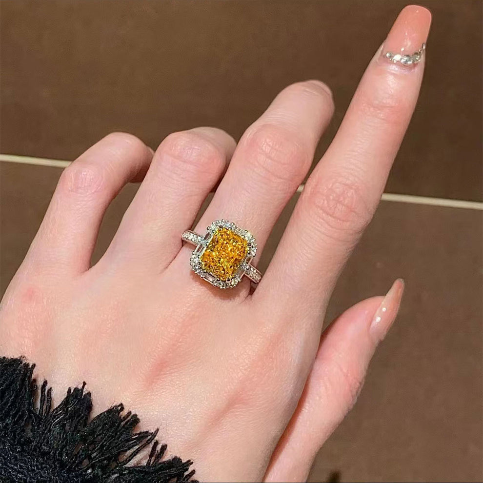 Women's White Gold Rectangle Yellow Gem Adjustable Halo Ring