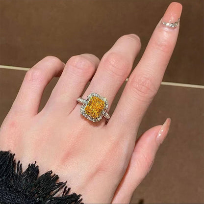 Women's White Gold Rectangle Yellow Gem Adjustable Halo Ring