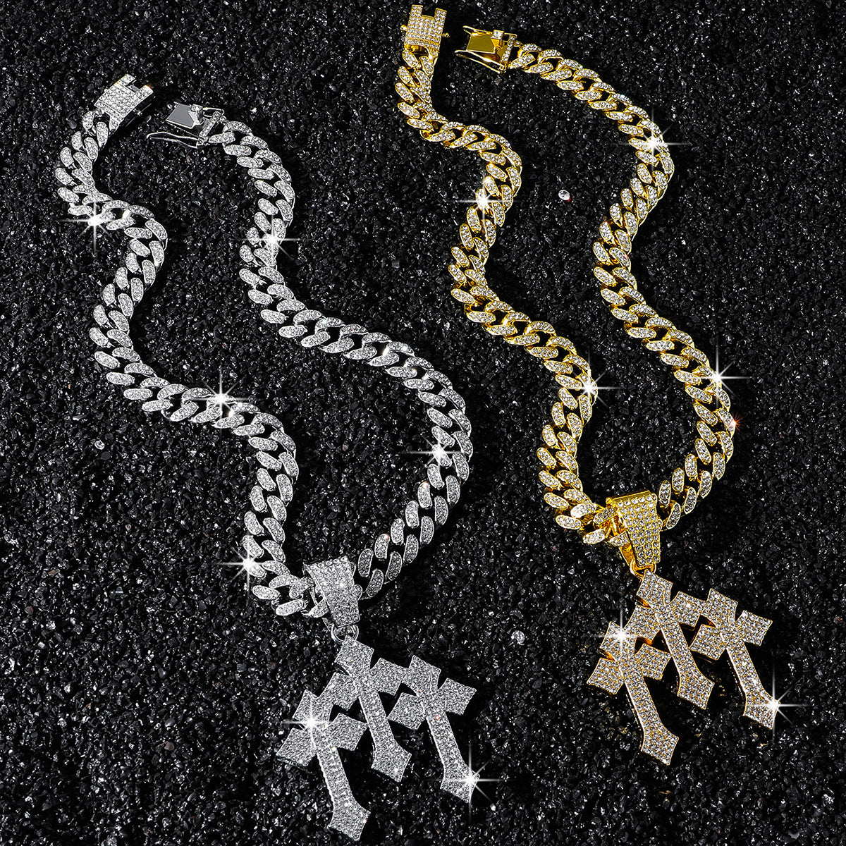 Hip-Hop Three Crosses Spliced Cuban Chain Pendant Necklace