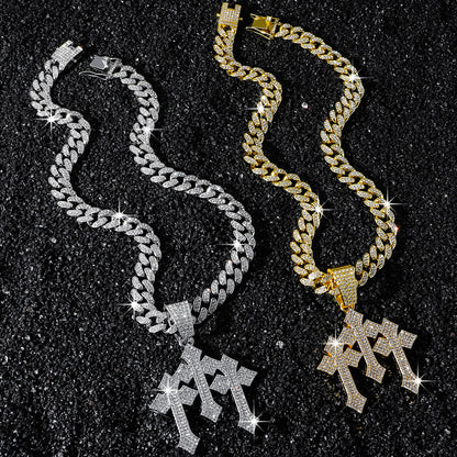 Hip-Hop Three Crosses Spliced Cuban Chain Pendant Necklace
