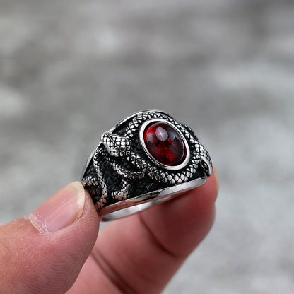 Vintage Solid Stainless Steel Double Snake Ring for Men Inlaid Red Synthetic Gemstone