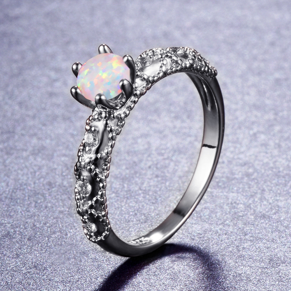 Women's White Gold Plated Six Prong Opal With Zirconia ring