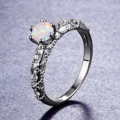 Women's White Gold Plated Six Prong Opal With Zirconia ring