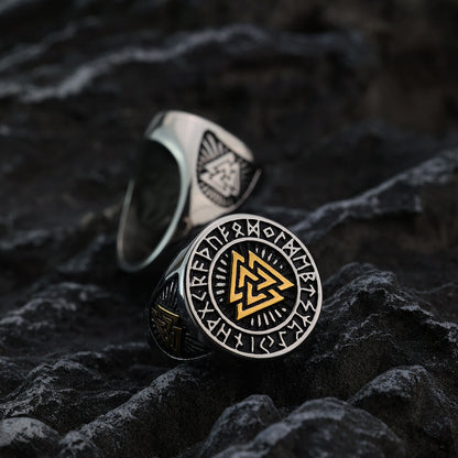 Vintage Nordic Stainless Steel Viking Triangle Symbol Rune Circle Signet Ring for Men
