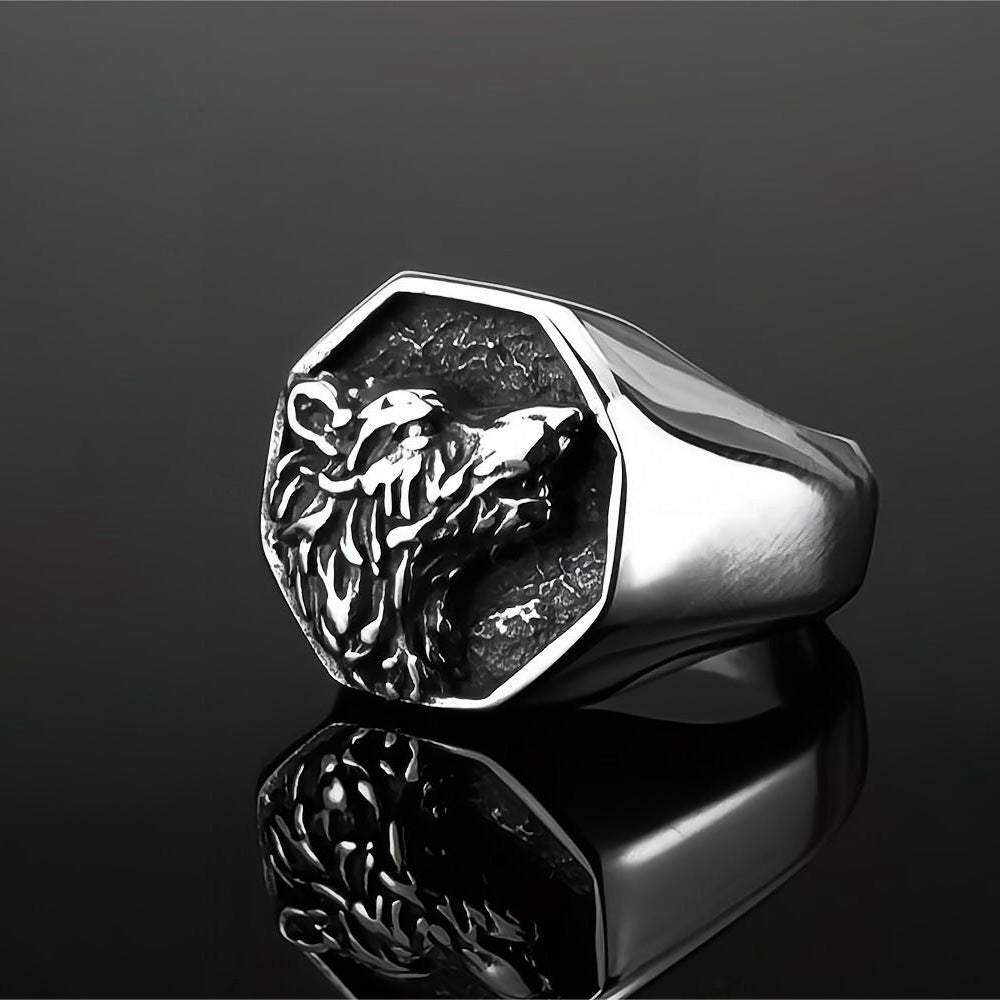 Vintage Solid Stainless Steel 3D Embossed Wolf Head Vegvisir Compass Signet Ring for Men