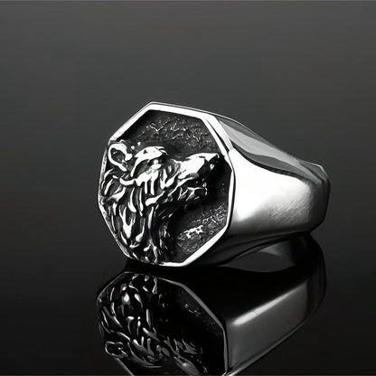 Vintage Solid Stainless Steel 3D Embossed Wolf Head Vegvisir Compass Signet Ring for Men