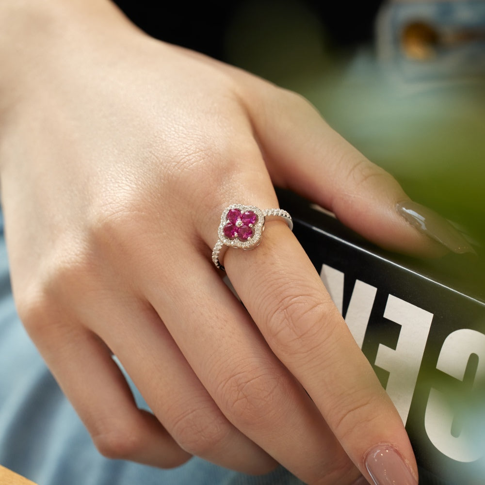 Women's S925 Silver White Gold Tone Ring, Four-Leaf Clover Shape Fuchsia Cubic Zirconia Halo Ladies Fashion Ring