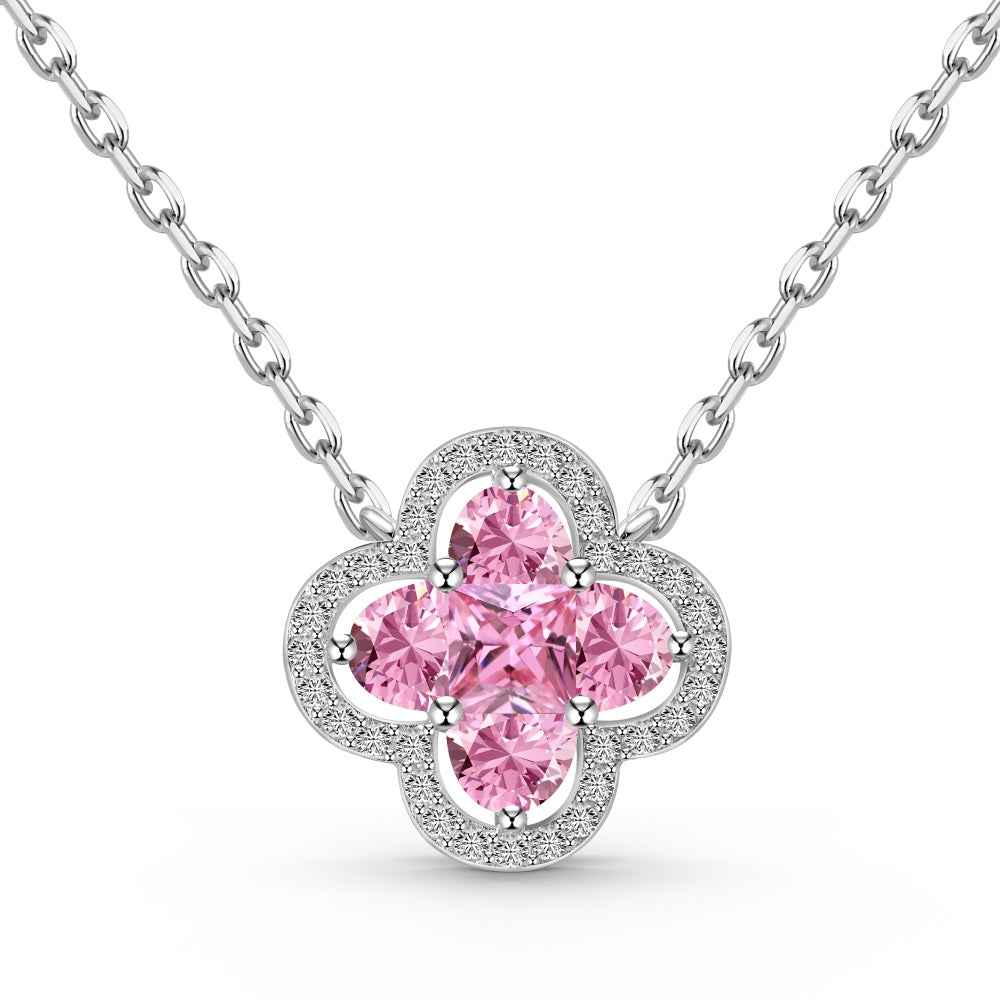 Women's Clover Pendant Necklace, D‑Shape Pink Sapphire, S925 with White Gold Plating